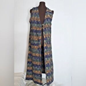 Altiplano Sleeveless Kimono Duster Cotton Handwoven Ikat Coin Buttons Guatemala